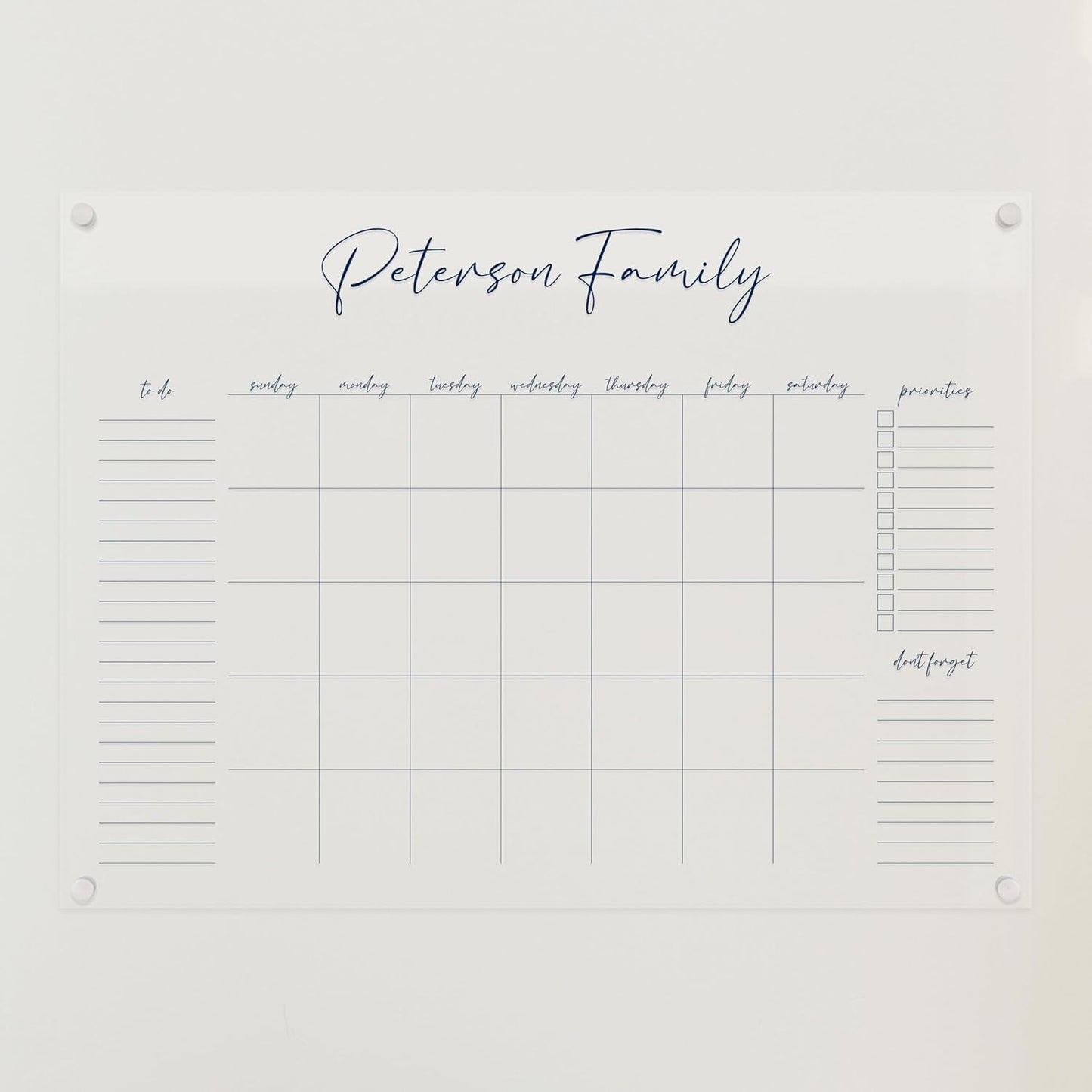 Personalized Clear Acrylic Calendar for Wall, Calendar Whiteboard for Wall, Dry Erase Wall Calendar, Wall Calendar Organizer System for Home (Cursive, Navy, 31"W x 23"H)