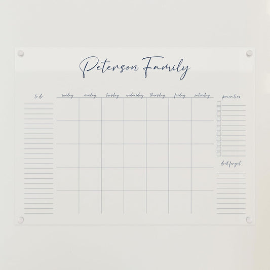 Personalized Clear Acrylic Calendar for Wall, Calendar Whiteboard for Wall, Dry Erase Wall Calendar, Wall Calendar Organizer System for Home (Cursive, Navy, 31"W x 23"H)