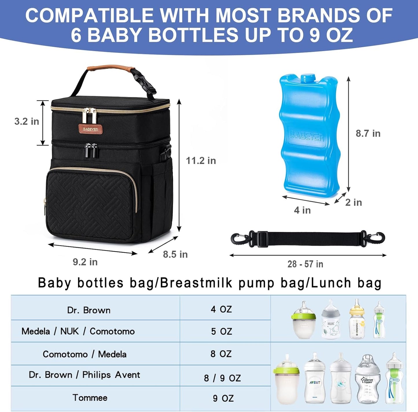 Insulated Breastmilk Cooler Bag with Ice Pack - Holds 6x9oz Bottles, Leakproof Double Layer, Baby Bottle Cooler Bag with Adjustable Strap for Nursing Moms, Daycare & Travel