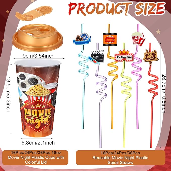 Yungyan 24 Sets Movie Night Party Favors Goodie Cups with Lids and Straws for Halloween Party Decorations Reusable 16oz Plastic Candy Cups Plastic Straws for Birthday Gift(Movie Night)