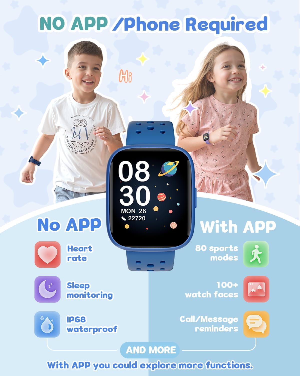Kids Watch for Boys 5-12, Kids Smart Watch Fitness Tracker Pedometer, No Phone Needed, Puzzle Games with Parental Control, IP68 Waterproof, Heart Rate, Sleep Monitor, Step Counter, 80 Sports