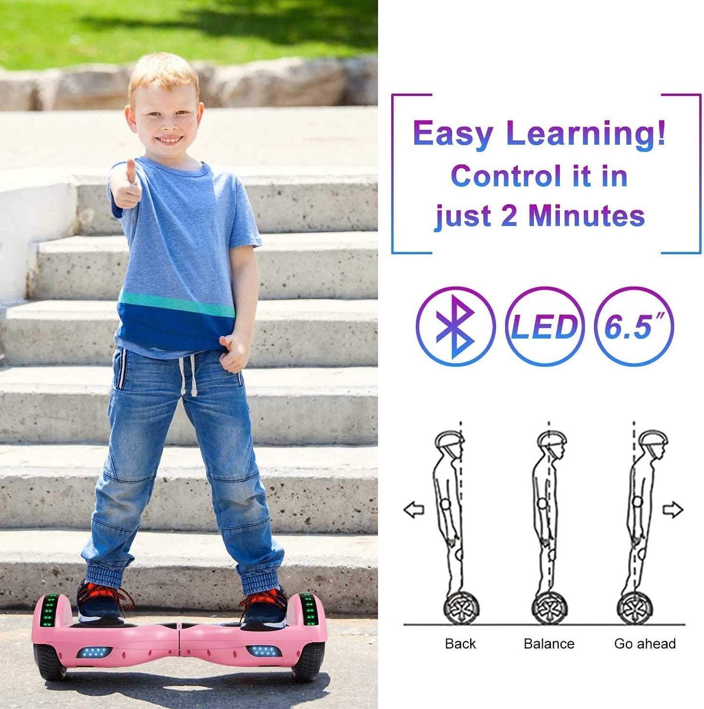 SISIGAD Scooters for Kids Ages 6-12, with Built-in Bluetooth Speaker and 6.5" Colorful Lights Wheels, Safety Certified Self Balancing Scooter Gift for Kids