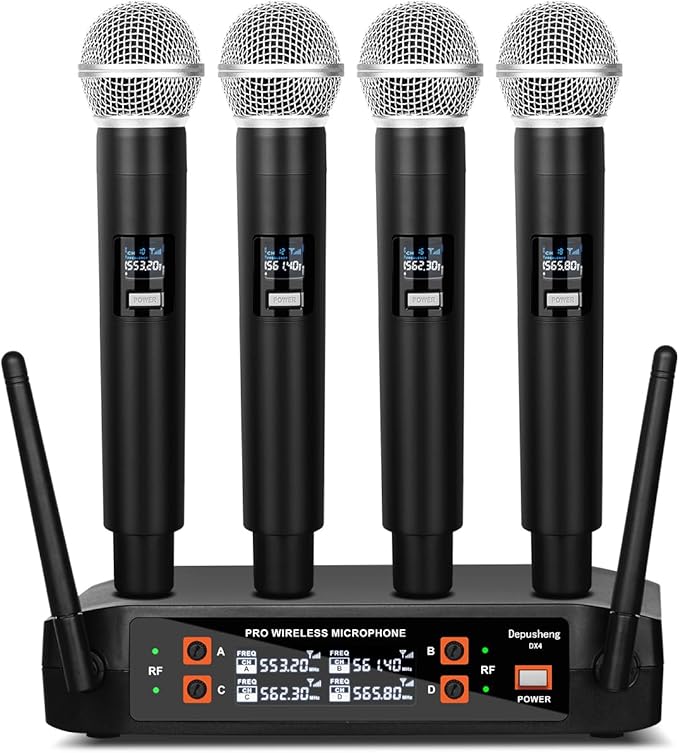Depusheng DX4 Wireless Microphone, Professional 4 Channels Karaoke Handheld System for Home Karaoke, Meeting, Party, Church, DJ, Wedding, Home KTV Set