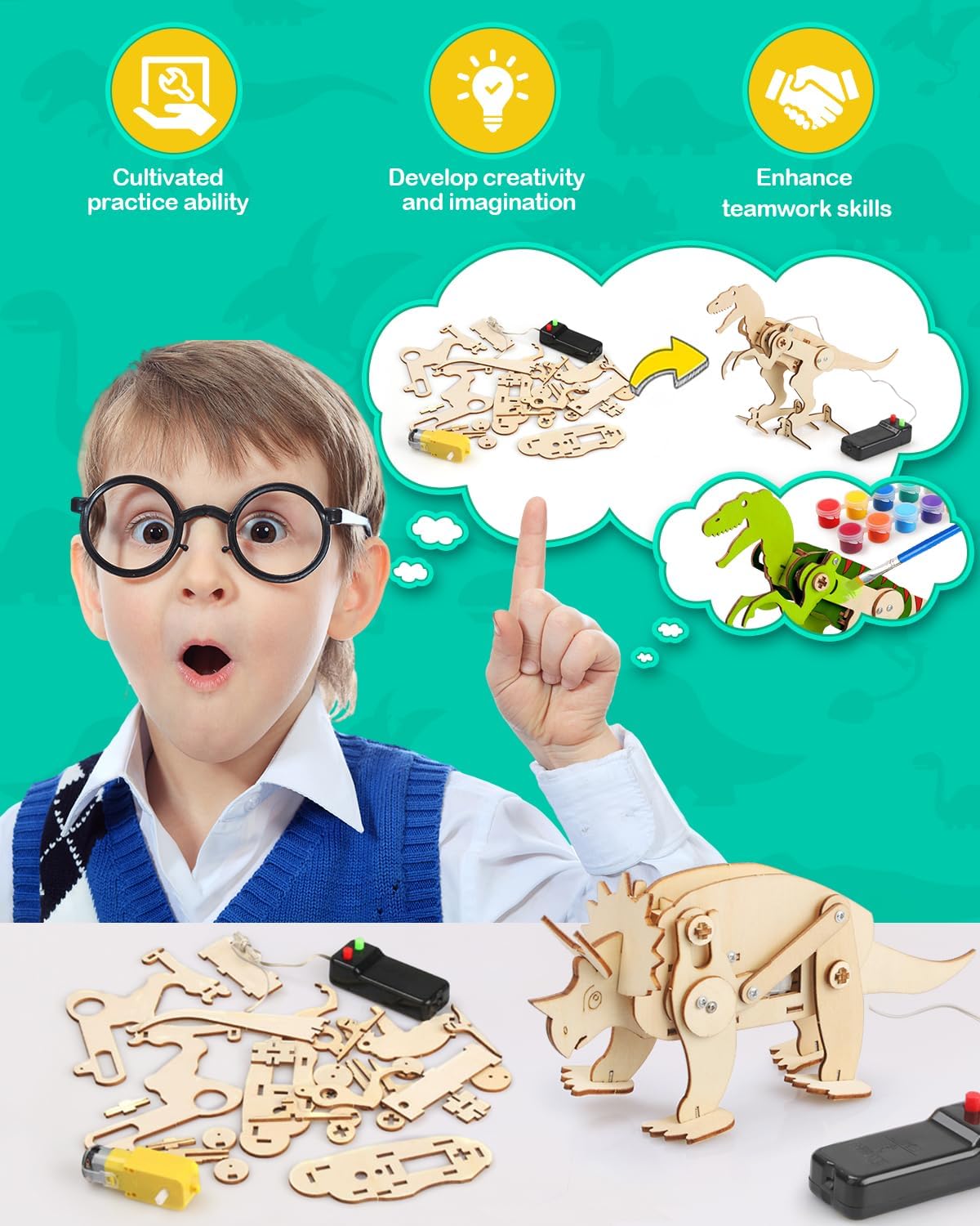 Poraxy Dinosaur Toys, 4 in 1 STEM Kits for Kids Age 8-10, Toys for Ages 8-13, Educational Science Building Projects, 3D Wooden Puzzles Robot Crafts, Gifts for Boys Girls 7 8 9 10 11 12 13 Year Old