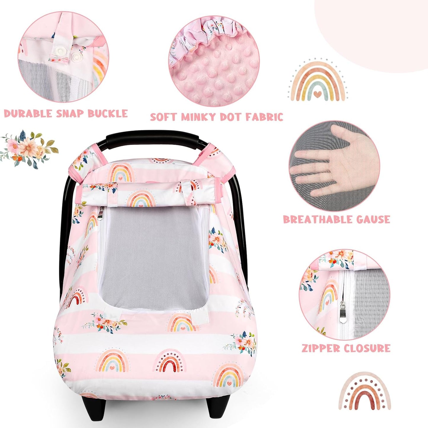 Pea Pod Car Seat Cover Baby, Infant Car Seat Canopy Covers for Newborn with 2 Layers Windows of Breathable Mesh Fabric, Lightweight Polyester/Soft Minky Dot Backing (Floral & Rainbow)