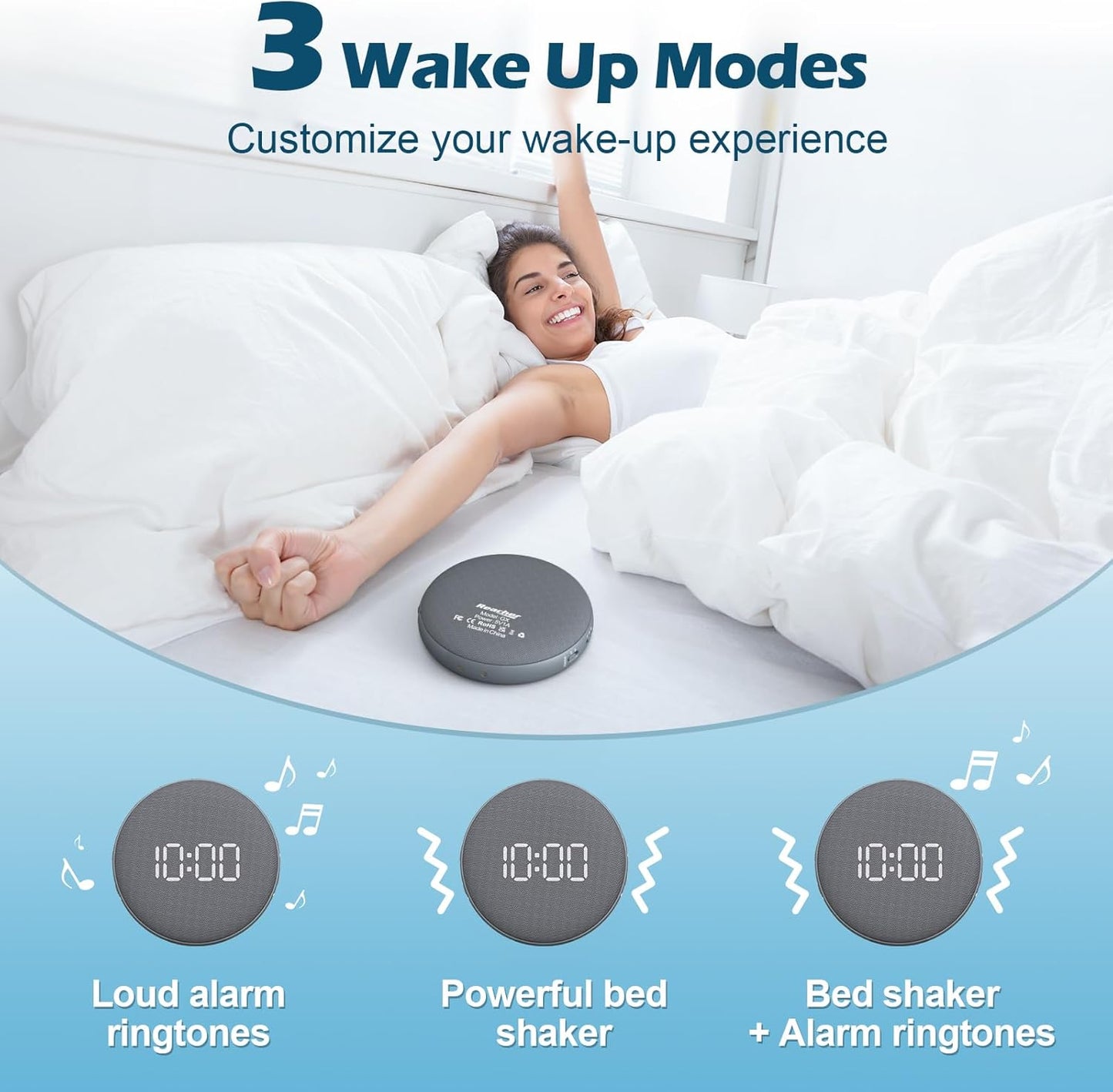 REACHER Super Loud Alarm Clock for Heavy Sleepers Adults Teens, Vibrating Alarm Clock Bed Shaker Under Pillow, Rechargeable Battery Powered for Travel, Auto-Dim, Portable