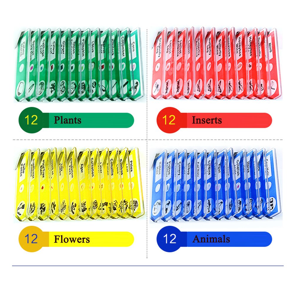 Prepared Microscope Slides for Kids, 48pcs Plastic Animals Insects Plants Flowers Sample Specimens for Students Children Homeschooling Biology Science Programs