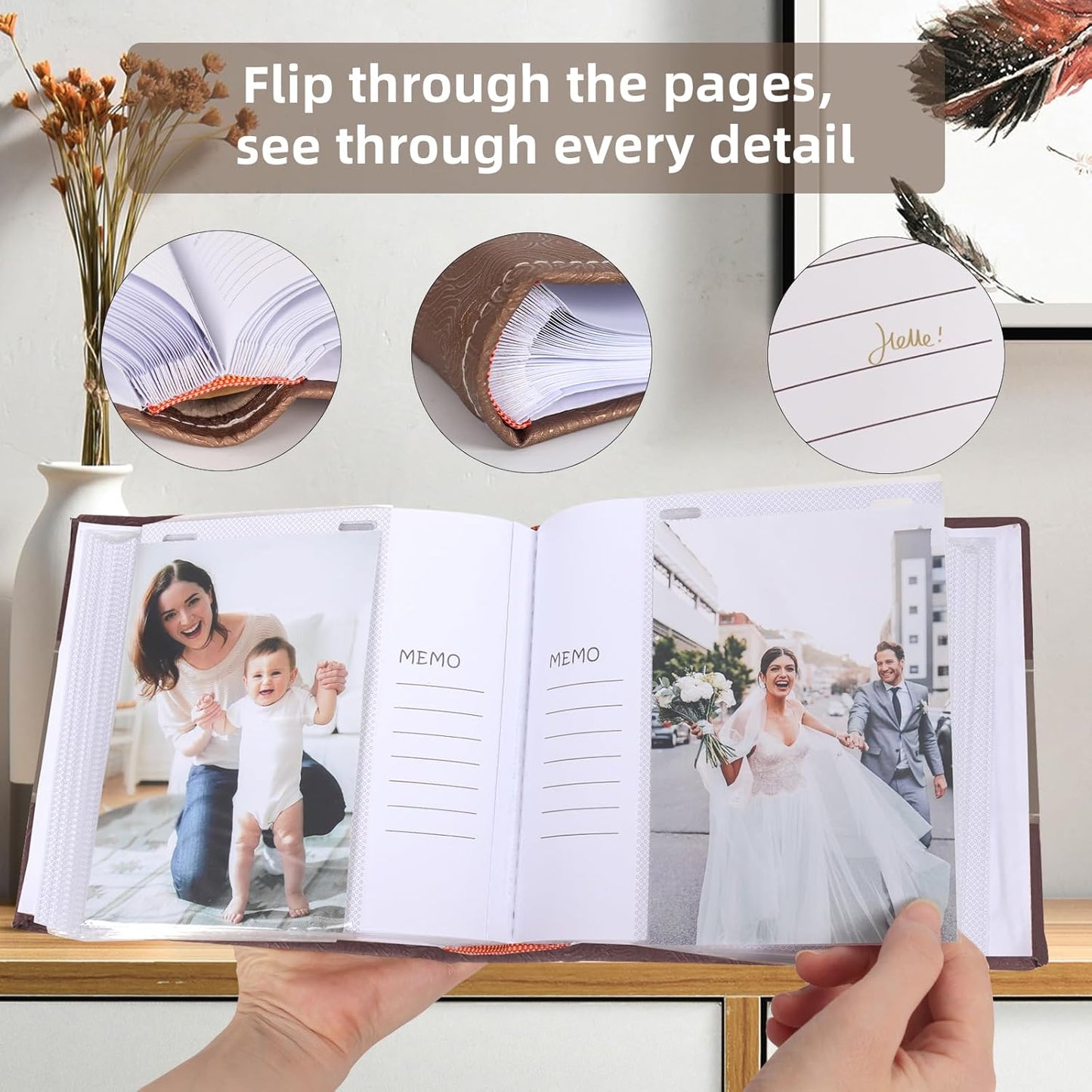 RECUTMS Photo Album 4x6 with Writing Space 100 Photos Photo Book, Leather Cover Picture Album with Memo Areas for Wedding Anniversary Family Baby Couple Valentines Graduation Travel (Dark Coffee)