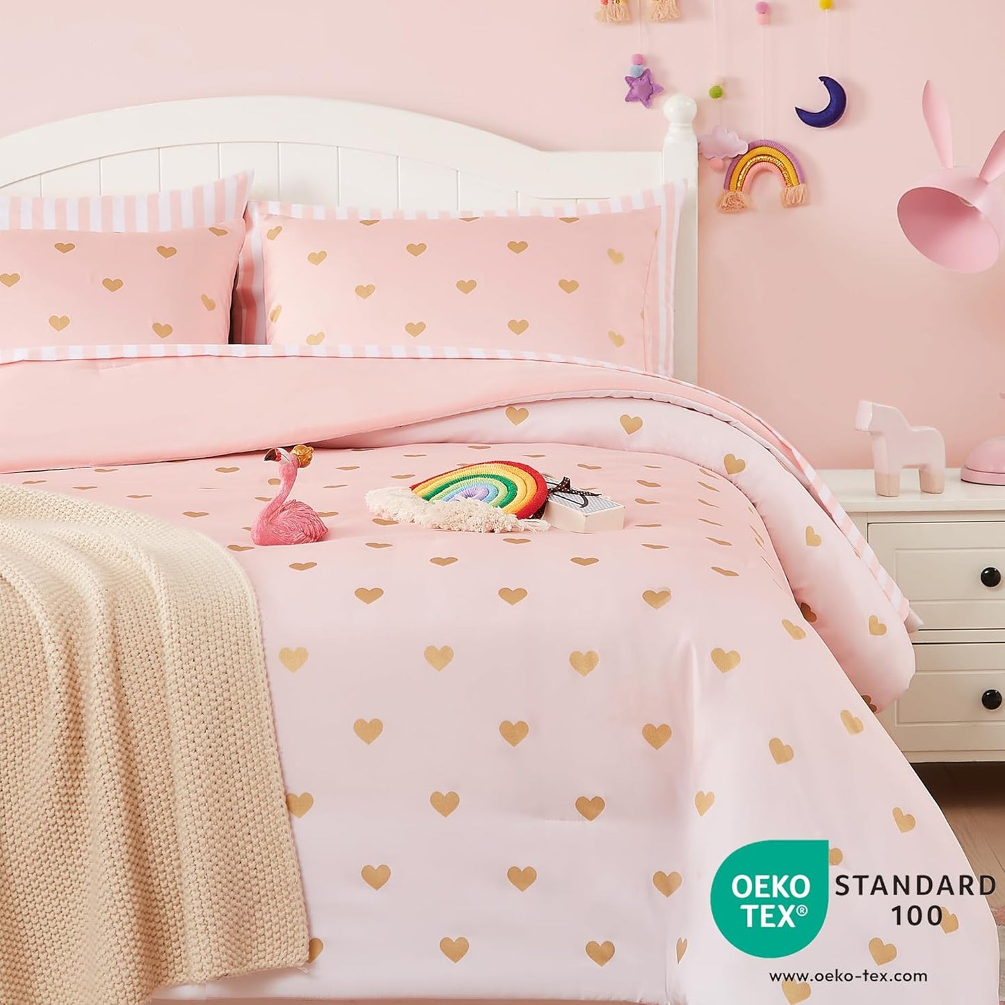 Queen Comforter Set with Sheets for Girls-7 Pieces Queen Bedding Sets with Pink Comforter, Sheets, Pillowcases & Shams for Kids (Pink Gold Heart, 90" X 90")