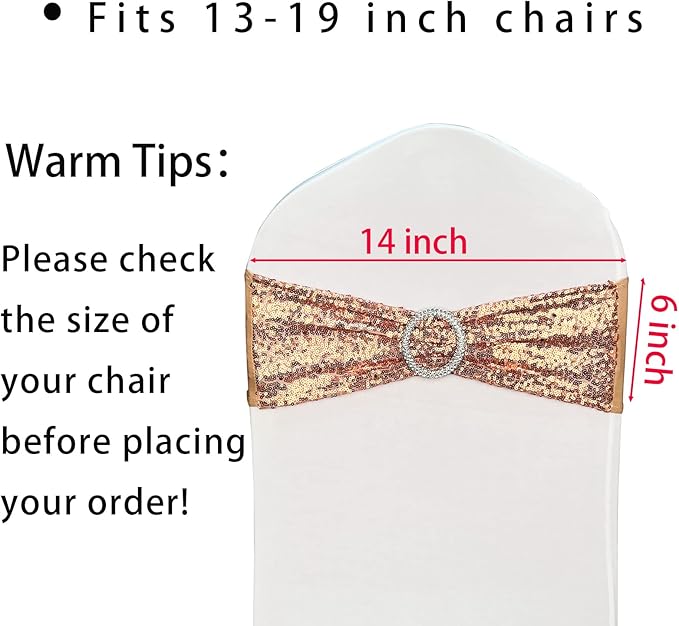 100 Pcs Chair Sashes Sequin Stretch Chair Bands Spandex Polyester Bows for Party Hotel Wedding Banquets Decoration - Rose Gold