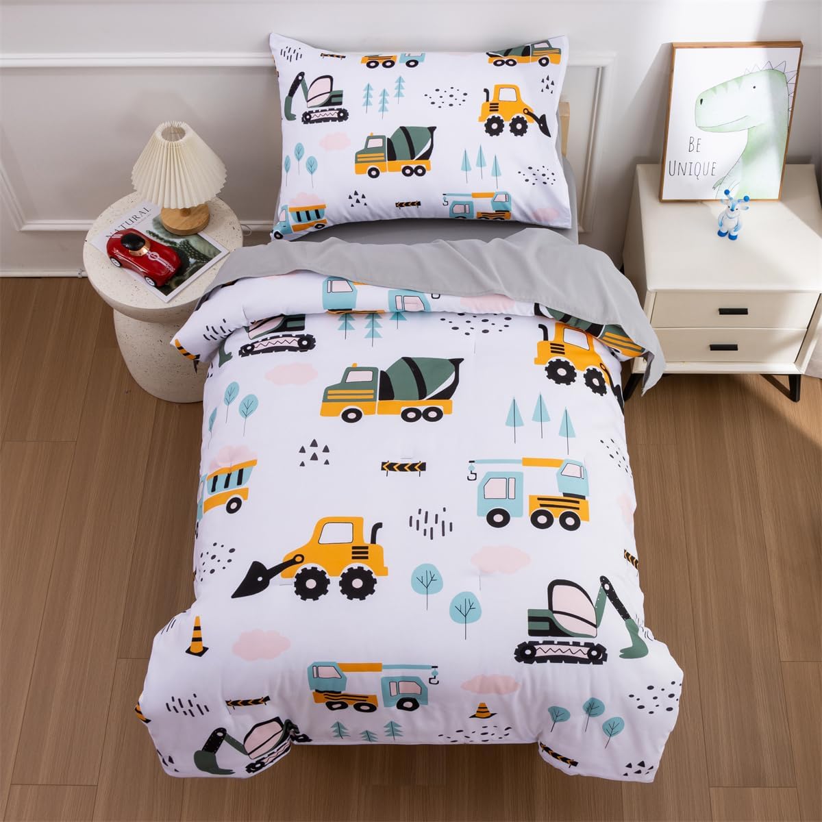 NTBED 4 Pieces Construction Toddler Bedding Set for Baby Boys,Tree Truck Vehicles Excavator Cars Printed, Includes Comforter, Flat Sheet, Fitted Sheet and Pillowcase,Light Green