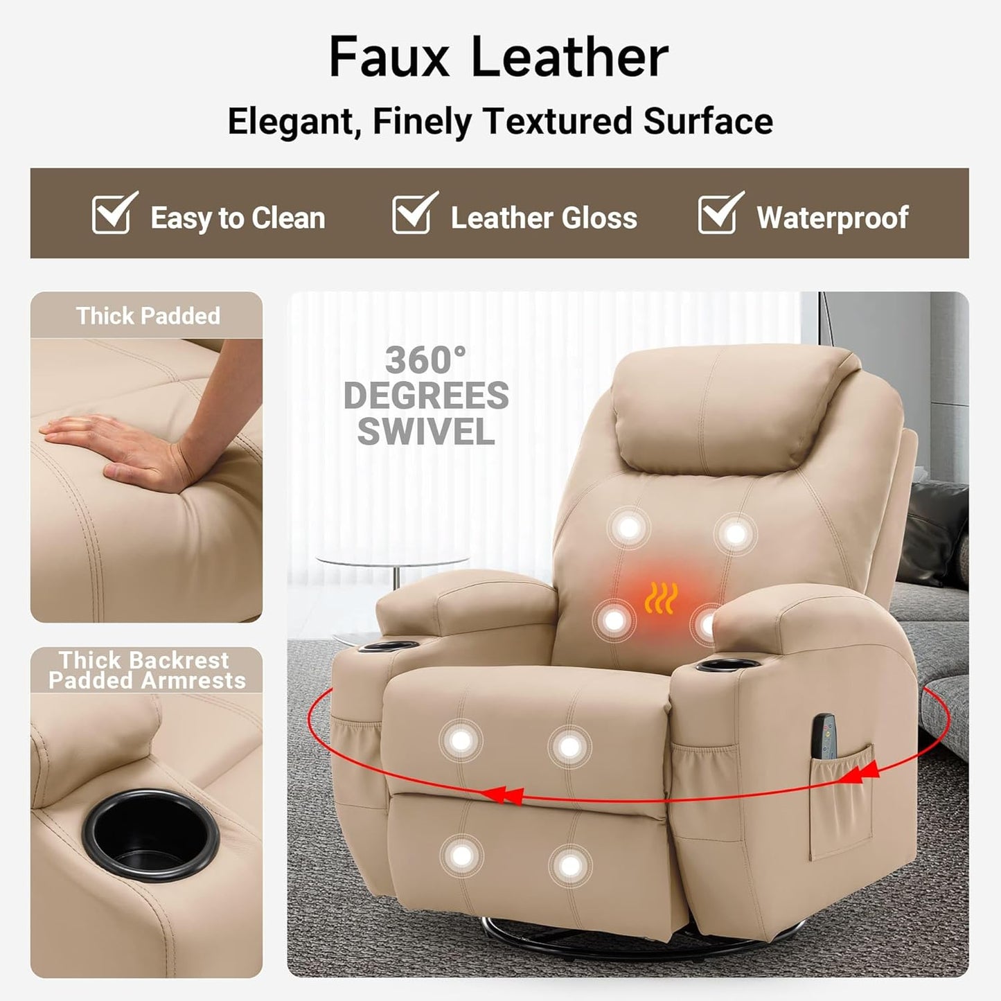 Recliner Chair, Rocking Chair with Massage and Heat, 360° Swivel Recliner Chairs for Adults, Rocker Manual Recliner with Remote Control and Cup Holder for Living Room, Bedroom, Nursery