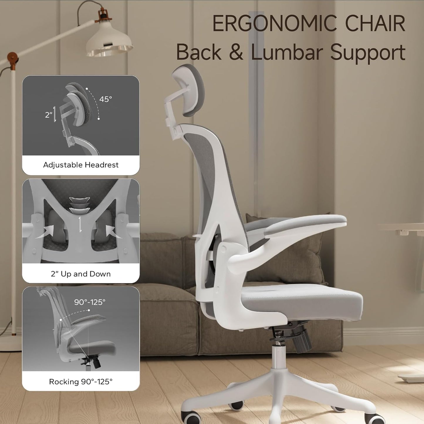 Ergonomic Office Chair with Adjustable Lumbar Support & Flip-Up Armrests - High Back Computer Desk Chair with Thickened Seat Cushion, Rolling Wheels for Home/Office Study Work