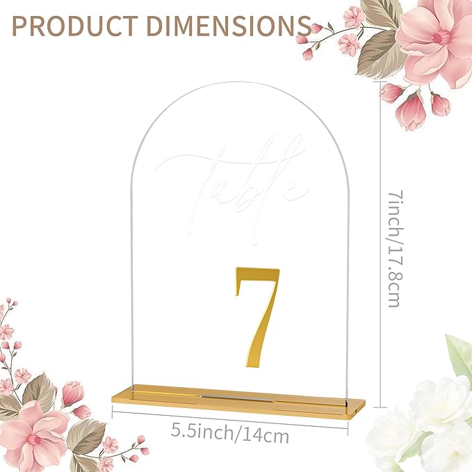 Arch Wedding Table Numbers 1-20 w/Stand, Gold 3D Table Numbers for Reception - 5.5" X 7" Elegant Acrylic Arch Sign with Holder, Perfect for Wedding, Anniversary, Banquet, and Event Decor