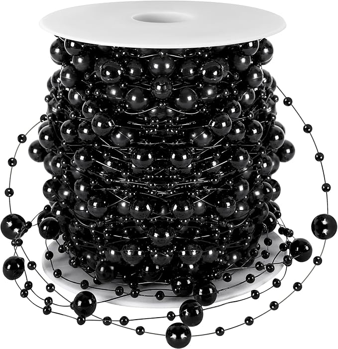 JULBEAR 131Ft Artificial Pearl Beads Garland Decoration, 1Rolls Black Pearl Strands Chain Bead Garland for Gothic Wedding Decor Bouquet Crafts Flower DIY Supplies Christmas Tree Ornaments