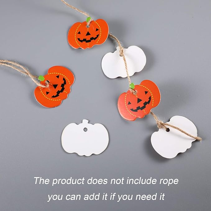 100 Pieces Halloween Pumpkin Gift Tags Paper Hanging Pumpkin Tags Pendants Christmas DIY Party Decorations with Pre Cut Holes, 1.8 x 1.4 Inches