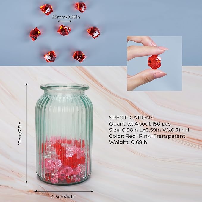 Babenest Acrylic Crushed Ice Rocks, 150 PCS Fake Crystals Plastic Ice Cubes Diamonds Gems for Vase Fillers, Home Decoration, Table Scatter, Event, Wedding, Arts & Crafts(Clear/Pink/Red)