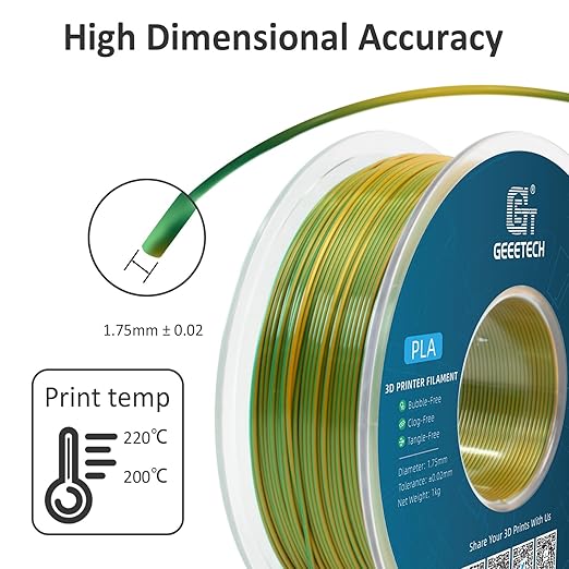 Geeetech 3D Printer Silk PLA Dual Color Filament, Metal-Like Shiny Silk Filament 1.75mm 1kg (2.2lbs) Spool, Dimensional Accuracy +/- 0.02 mm, Silk Yellow Green