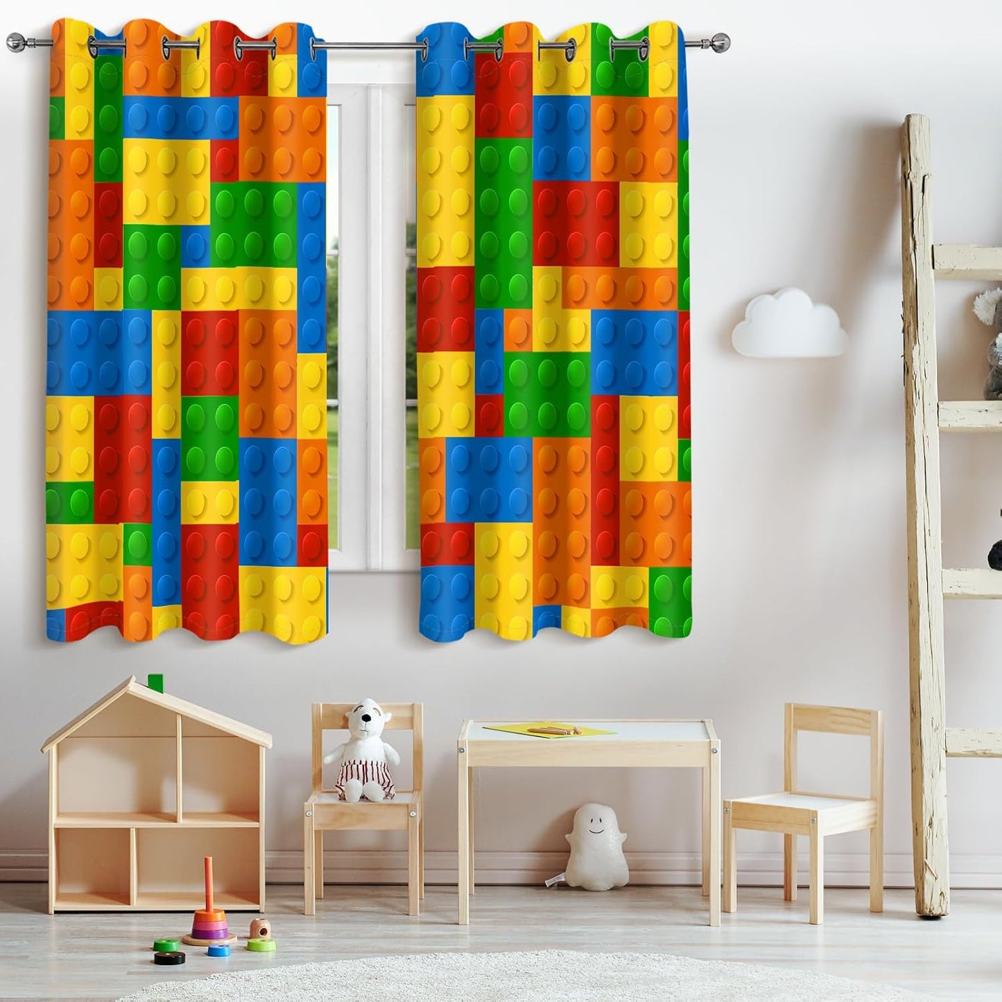 Jekeno Colorful Building Blocks Blackout Curtains - Boys Girls Teens Abstract Geometric Toy Curtains Toddlers Bedroom Playroom Blue Red Yellow Decor Grommet Window Drapes 2 Panel Set, 52"x84"