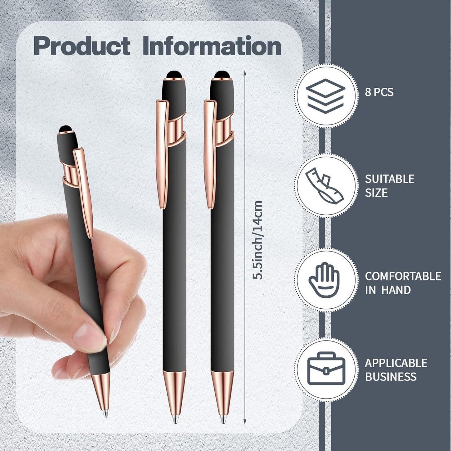 8 Pieces Ballpoint Pen with Stylus Tip Black Ink 2 in 1 Stylus Metal 1.0 mm Medium Point Smooth Pen Rainbow Colorful Rubberized Ballpoint for Touch Screen Tablet(Gray)