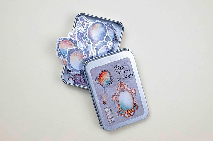 39 Pcs Mirror Mirror Sticker Set with Collectible Tin Box – Vintage Inspired Scrapbooking Stickers for Journals, Planners, Cards, DIY Crafts, Collage, Decorative Stationery & Creative Projects