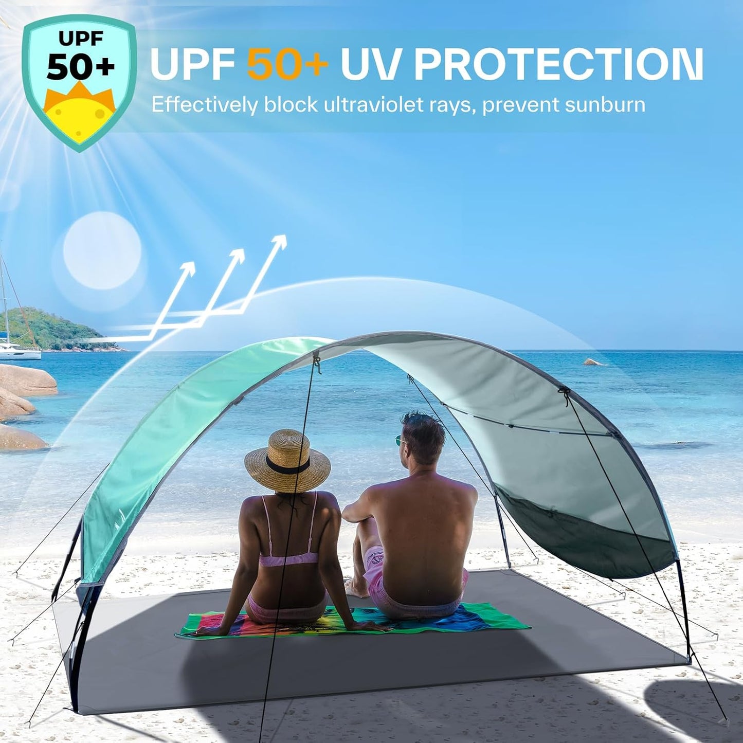 Sportneer Beach Tent Sun Shelter: UPF 50+ UV Protection Beach Canopy Tent Sun Shade for 2-3 Person, Easy Set Up Canopy with 8 Wind Ropes and 12 Ground Stakes for Beach, Size 96.5''x55.7''