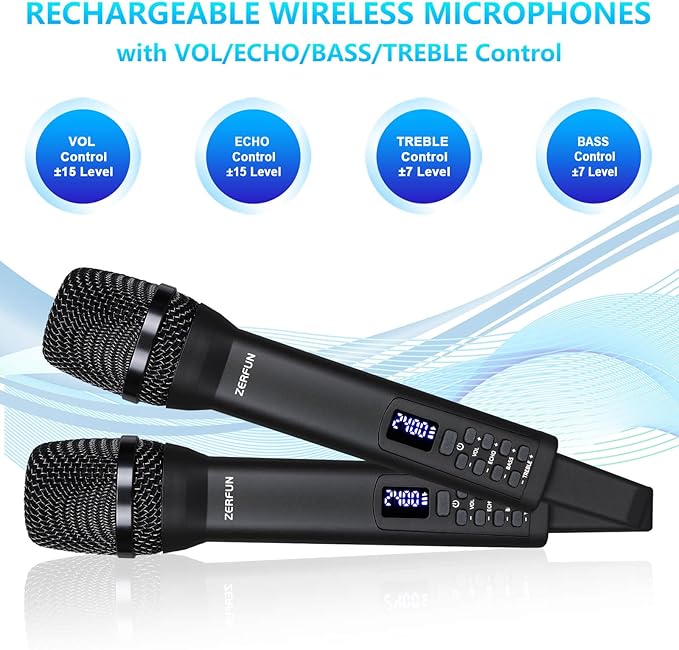 Dual Rechargeable Wireless Microphones, Pro Handheld Cordless Mics System with Echo Treble BASS VOL Control for Karaoke Singing Church Party, 1/4'' Output, Black