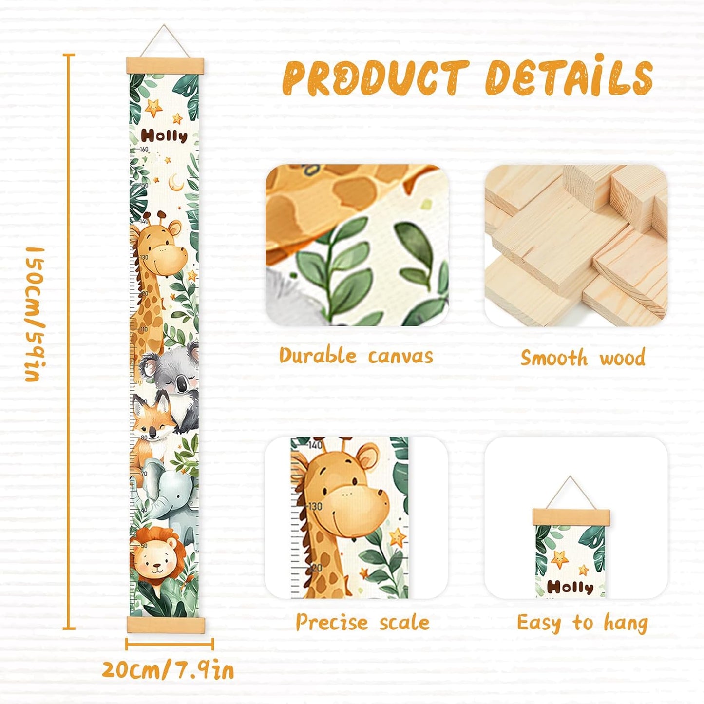 Personalized Name Baby Growth Height Chart Handing Ruler Wall Decor for Kids, Animals Canvas Removable Height Growth Chart, Nursery Decor, Toddler Kid Room Decoration, Hangable