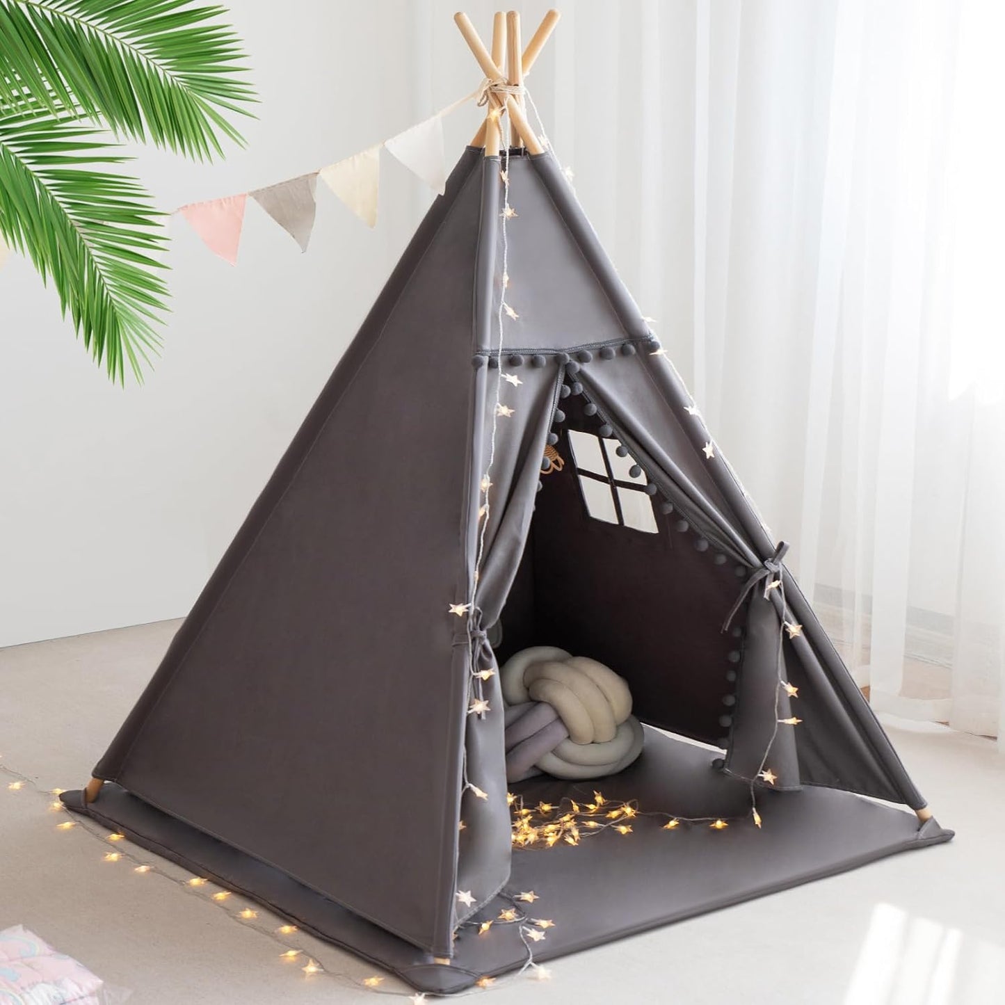 Teepee Tent for Kids with Mat, Star Lights, Carry Case, Cotton Canvas Playhouse, Foldable Tents, Portable Children Play Tent Indoor Outdoor(Grey)
