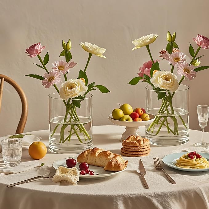 2Pcs Glass Cylinder Vases for Centerpieces, 6" x 4.7" Wide Mouth Flower Vase Hurricane Glass Candle Holders, Clear Vases Bulk with 2 Floral Tapes for Floating Candles Wedding Party Home Decor