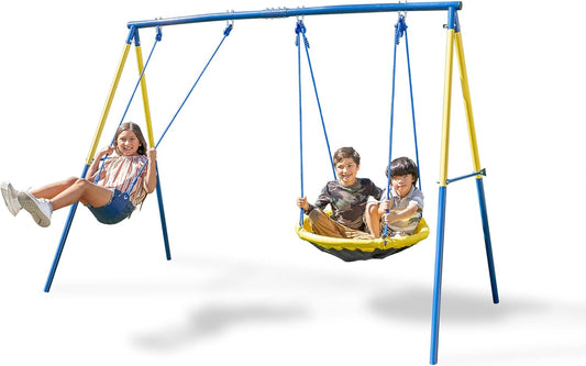 Sportspower Metal Play and Swing Set for Kids with Belt Sling Swing and Saucer Swing with Slide