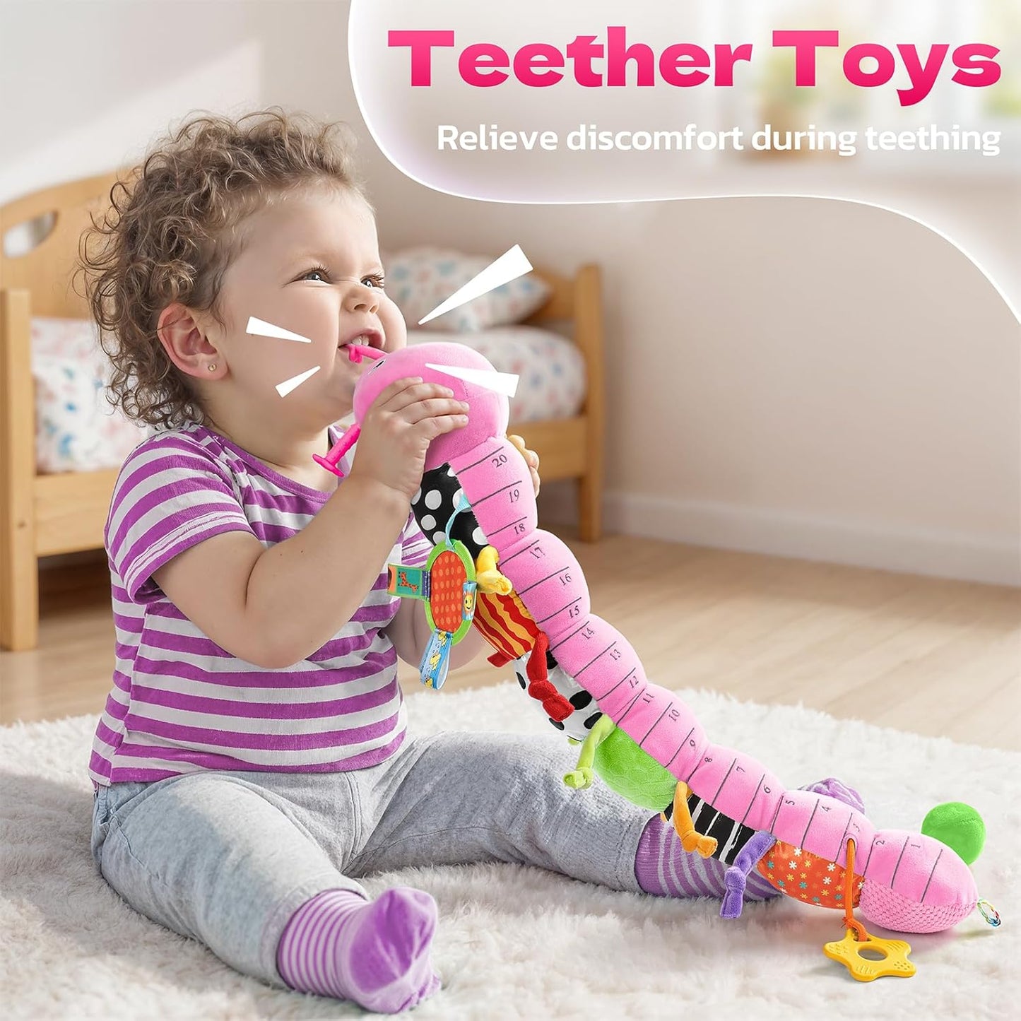 HEMRLY Baby Girl Toys for 0-6 Months, Musical Plush Caterpillar Infant Sensory Toy with Baby Mirror&Crinkle Rattle,Pull String,Teething, Tummy Time Newborn Gifts for 0-3-6-12 Boys Girls - Pink Branch