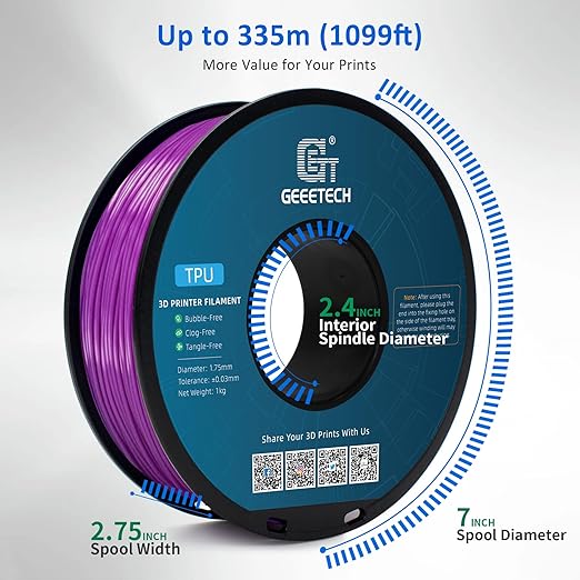 Geeetech TPU Filament 1.75mm – 95A Flexible 3D Printer Filament with High Elasticity, 1KG (2.2lbs) Spool, Dimensional Accuracy ±0.03mm, Fits Most FDM Printers (Purple)
