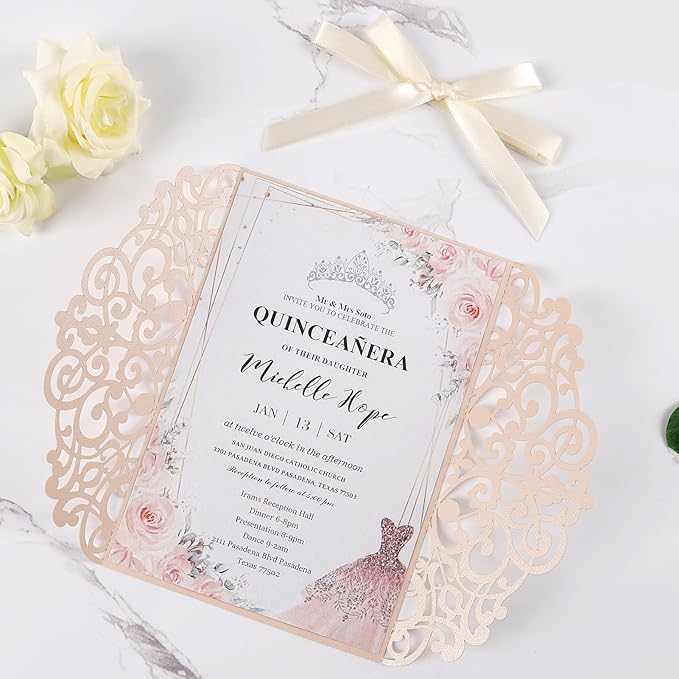 50pcs Blush Pink Wedding Invitations With Envelopes and Rsvp Cards 5x7 Inches Laser Cut Wedding Invitation Pockets for Bridal Shower QuinceañEra Engagement Birthday Invites