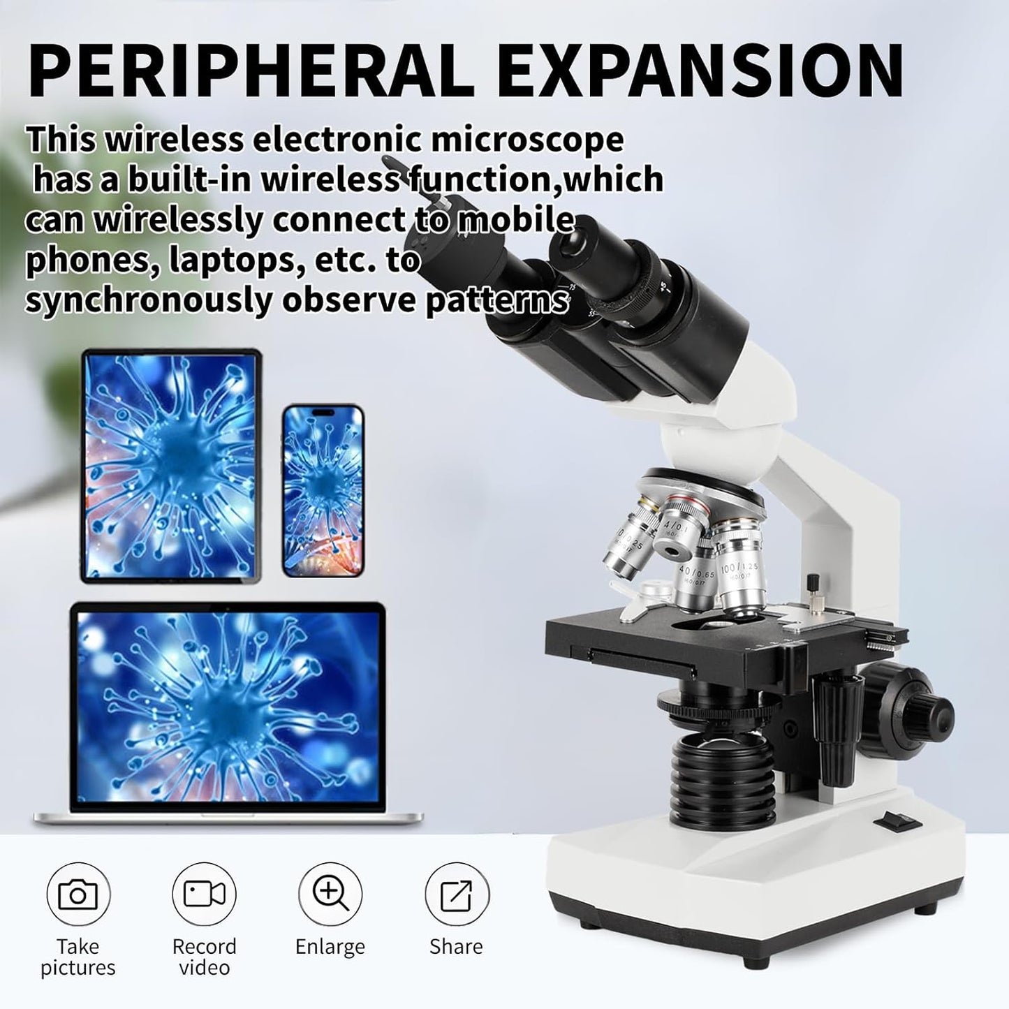 Binocular Compound Microscope, 40X-5000X Magnification, Wide-Angle Eyepiece WF10X WF25X, LED Light Source, XY axis Double-Layer Stage, Adult Microscope (Supports WiFi Wireless Connection)