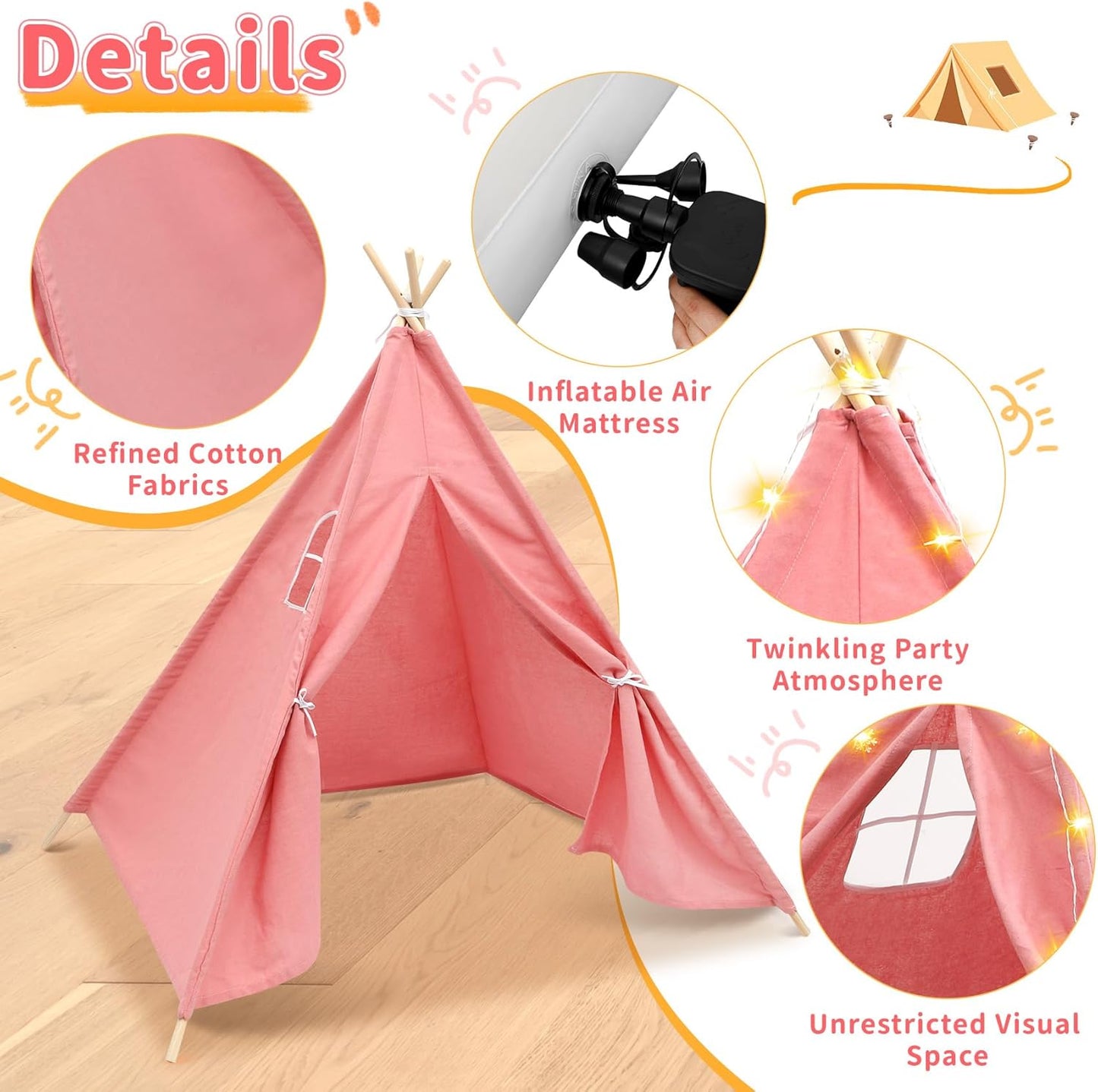 4 Pack Teepee Tent for Kids with Light String and Inflatable Airbed, Slumber Party Tents, Sleepover Tents Party for Girls Boys Indoor Outdoor (Pink)