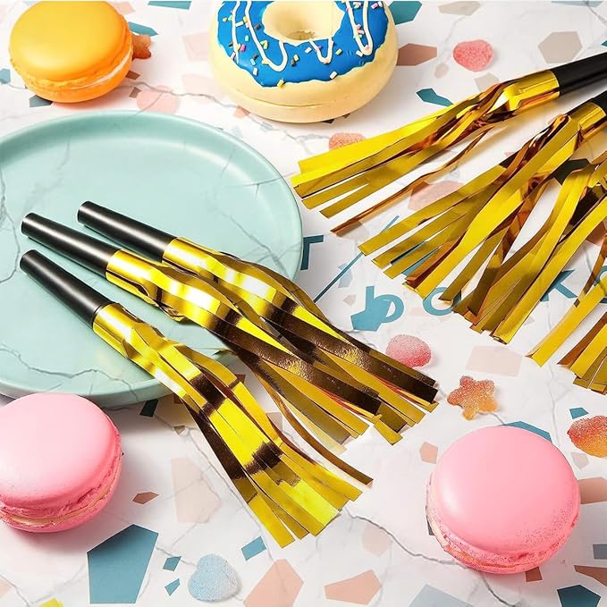 24pcs Party Blowers,Gilding Noisemakers Party Blowouts Squawkers Fringed Noise Maker,Birthday Noisemakers Birthday Blow Horns Party Whistles (Black and gold)