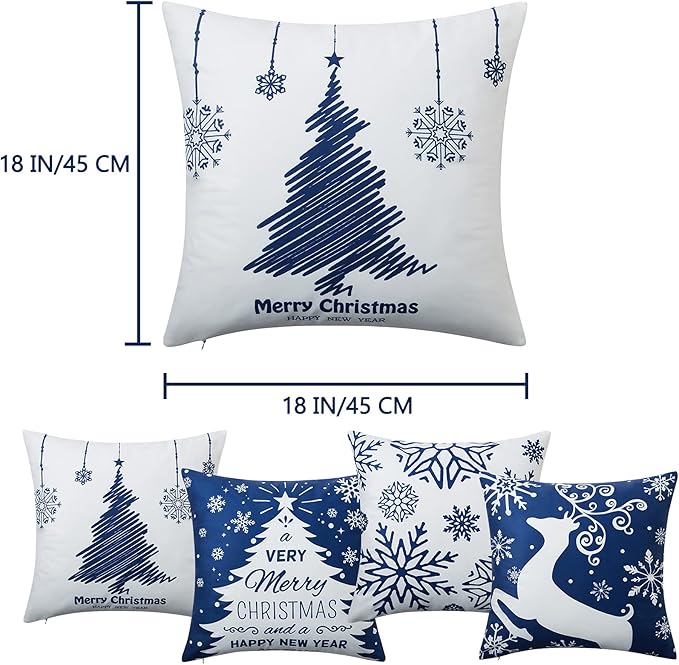 NANAN Christmas Pillow Covers 18X18 Inch Set of 4 Navy Blue Christmas Pillow Cases Snowflake Merry Christmas Holiday Pillowcases Xmas Trees Elk Deer Decorative