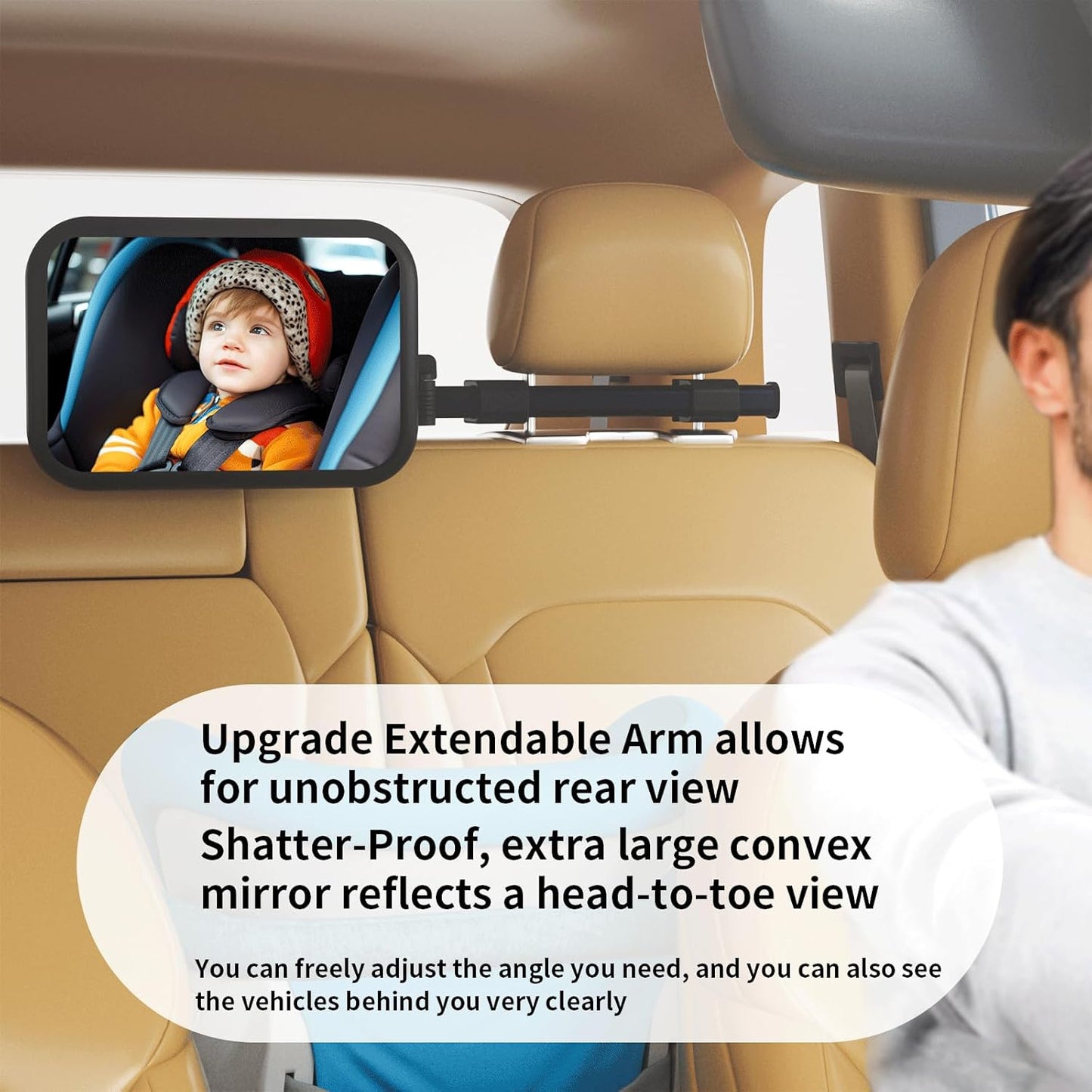 Baby Car Mirror Rear Facing, Safety Adjustable Car Seat Mirror for Baby Extendable Camera Monitor with Hook Clip Design Clear View ShatterProof + 2 Baby on Board Stickers,2 Seat Headrest Hook