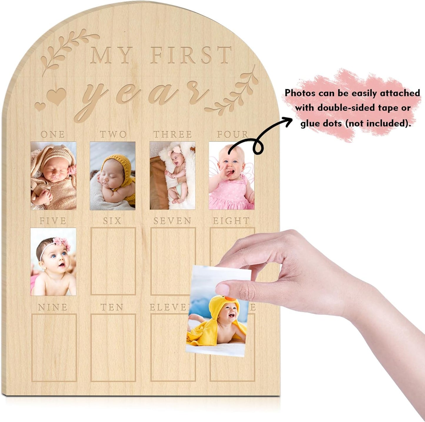 My First Year Photo Display Wood Board Baby's First Year Photo Frame Milestone Board 12 Months Baby Picture Frame 1st Birthday Nursery Decorations for Boy Girl Baby Keepsake Gift for Mom (2" x 3" photos - Wallet Size)