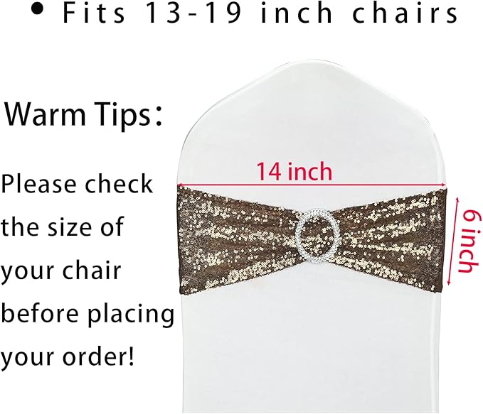 25 Pcs Chair Sashes Sequin Stretch Chair Bands Spandex Polyester Bows for Party Hotel Wedding Banquets Decoration - Coffee