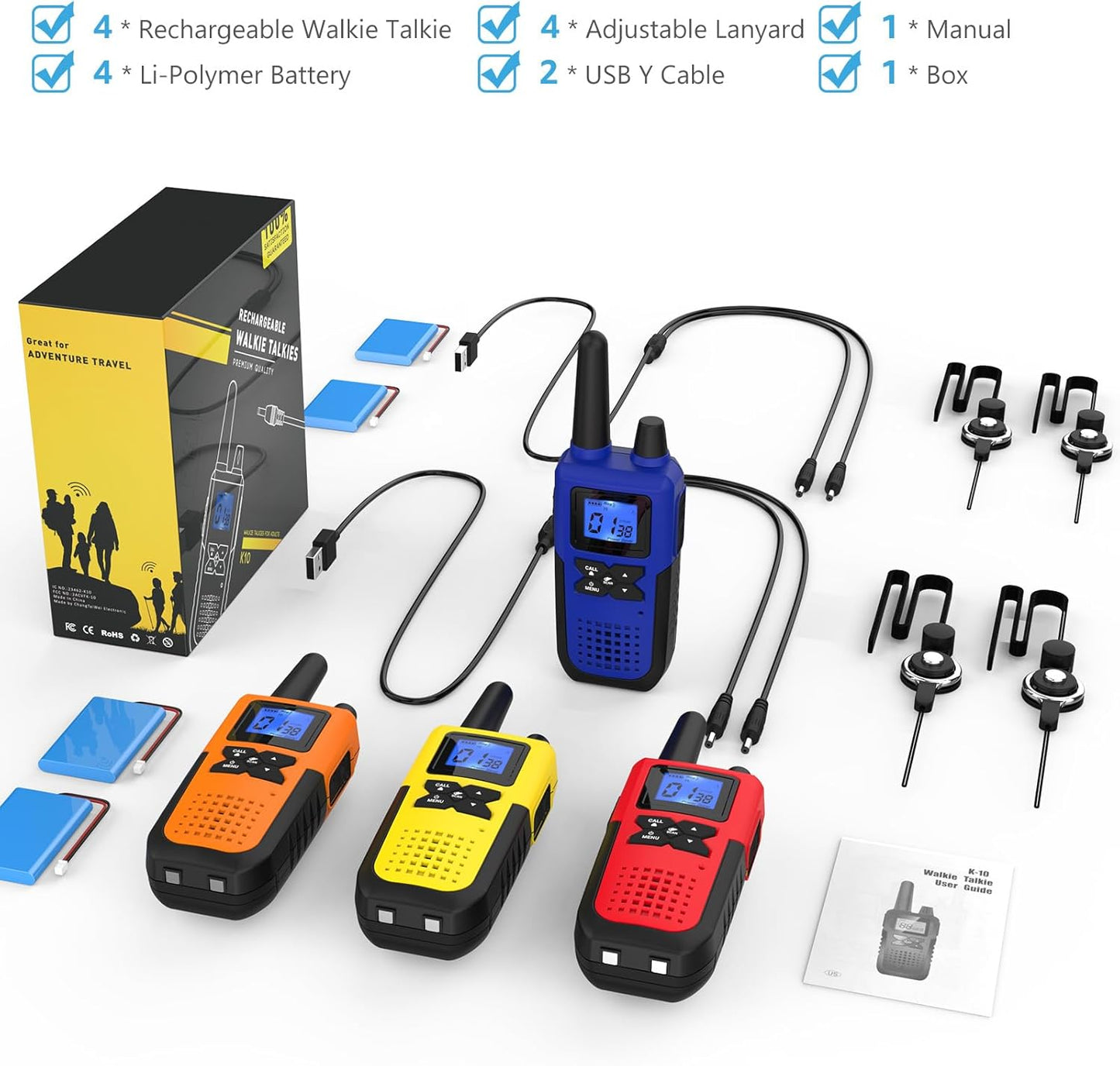 Walkie Talkies for Adults Long Range Rechargeable with NOAA Weather Alert, Multi-Purpose 2 Way Radios 4 Pack for Team Work Seniors Care Kids Adventure Family Camping Hiking Skiing Cruise