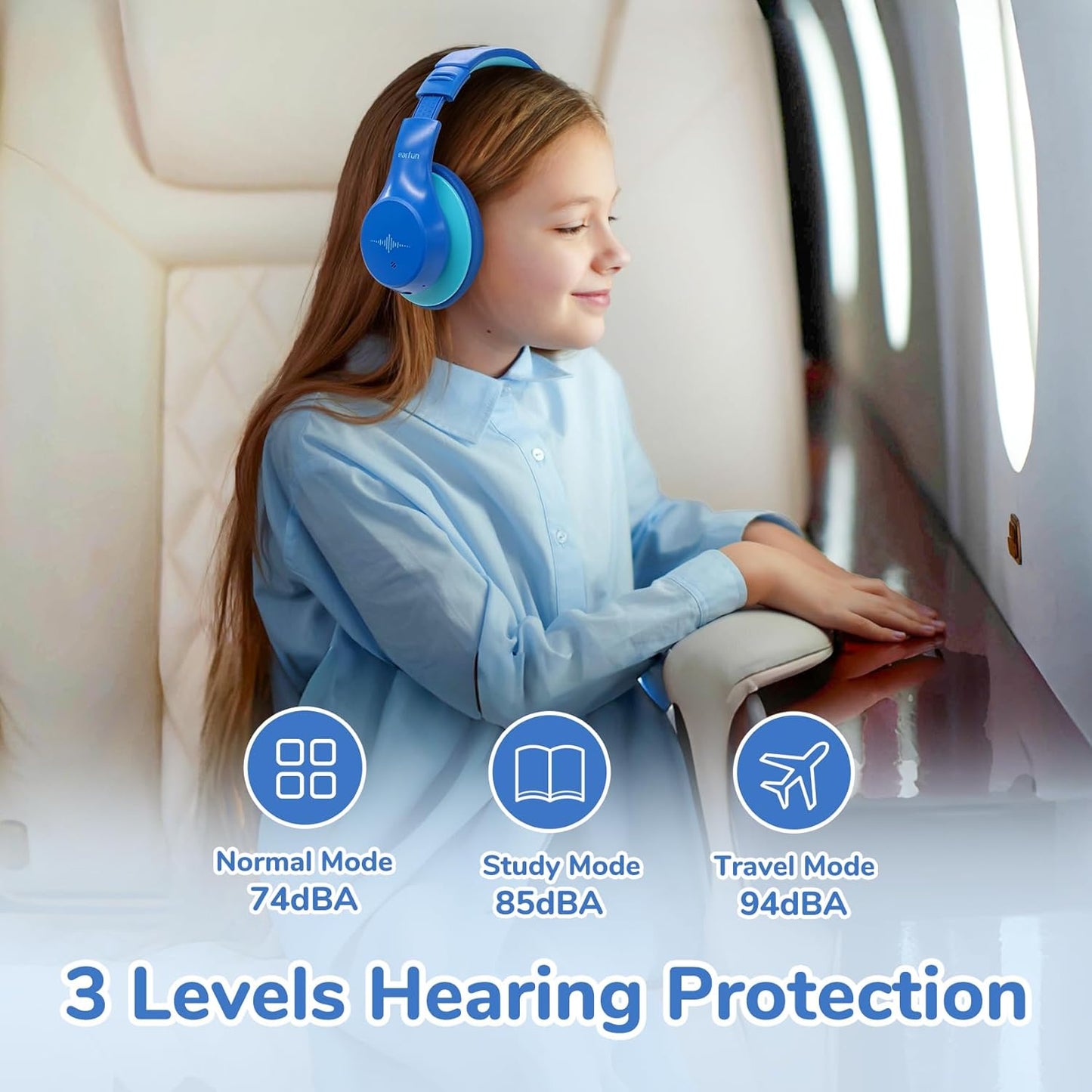 EarFun K4NC Active Noise Cancelling Headphones for Kids, 120H Playtime, 74/85/94dBA Volume Limited, Kids Bluetooth Headphones with Mic, Bluetooth 5.4, Stereo Sound Kid Headset for School/Home/Travel