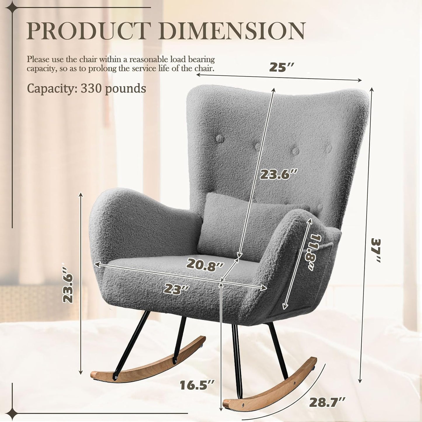 Waleaf Teddy Upholstered Rocking Chair Indoor with High Backrest Glider, Padded Seat Nursing Chair Comfy for Bedroom (Gray)