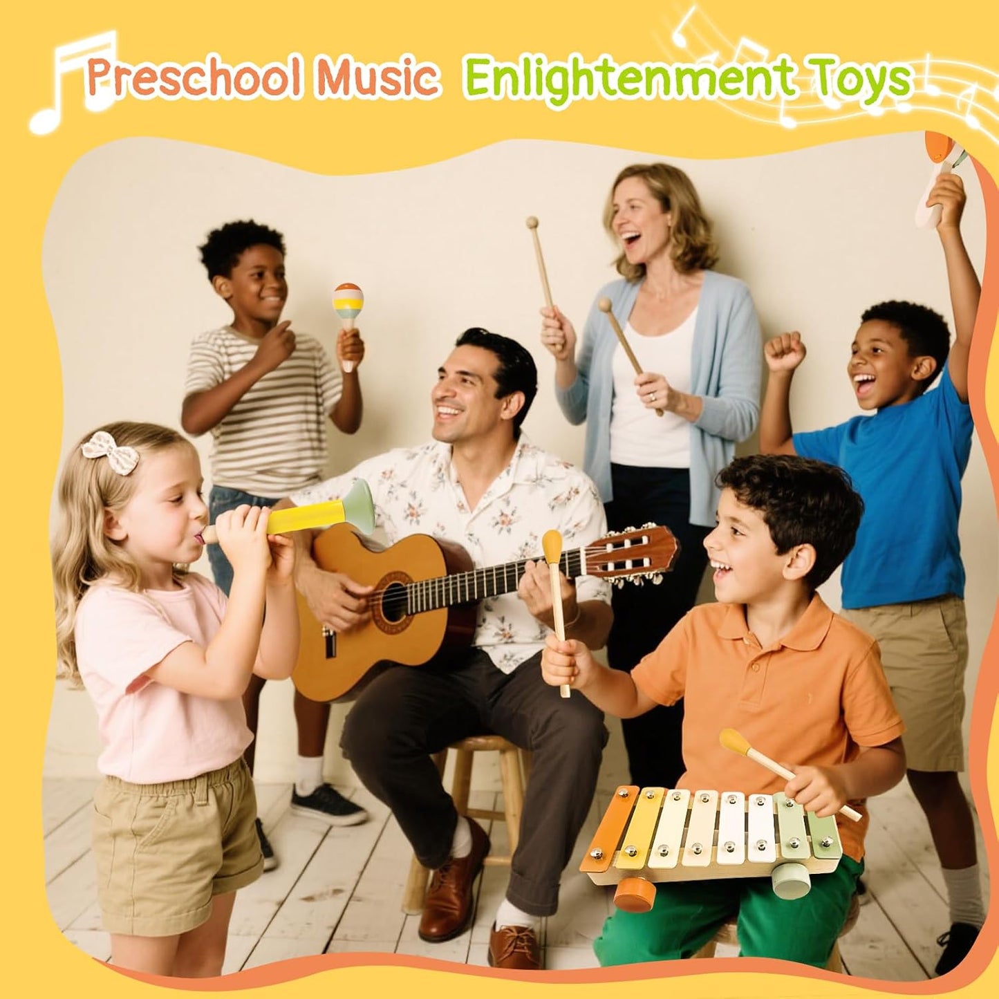 7pcs Musical Instruments Set - 18M+ Montessori Toys 2 3 4 Neutral Colors Wooden Toys for Toddlers 3-5 Percussion Instruments Modern Boho Xylophone Sensory Gifts Boys Girls
