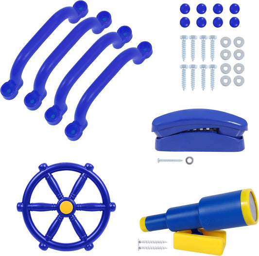 RedSwing Playground Accessories for Kids Outdoor, Playground Equipment Set for Backyard Playhouse, Swingset Attachments with Pirate Ship Wheel, Toy Telescope, Telephone and Safety Handles, Blue