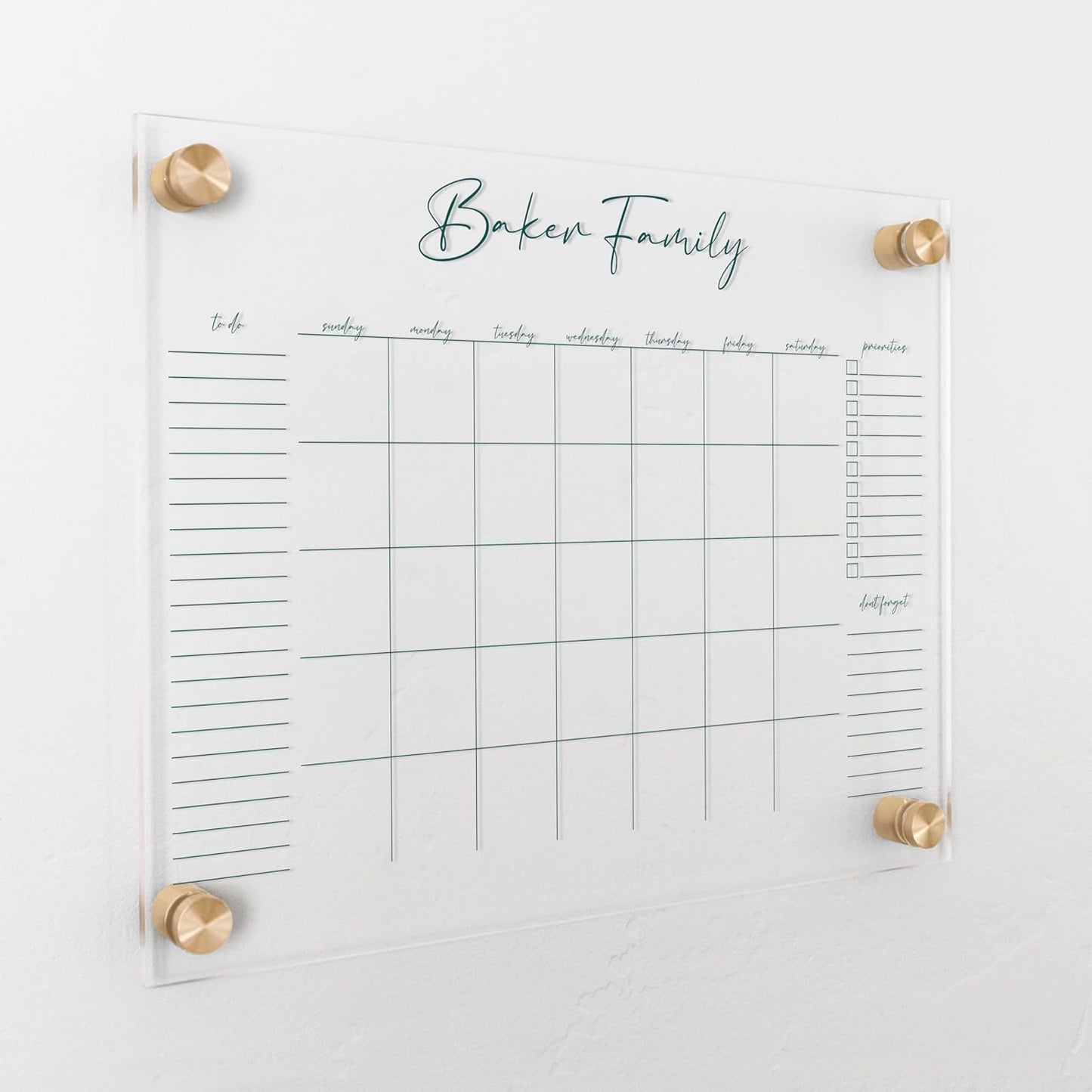Personalized Clear Acrylic Calendar for Wall, Calendar Whiteboard for Wall, Dry Erase Wall Calendar, Wall Calendar Organizer System for Home (Cursive, Jade, 14"W x 11"H)