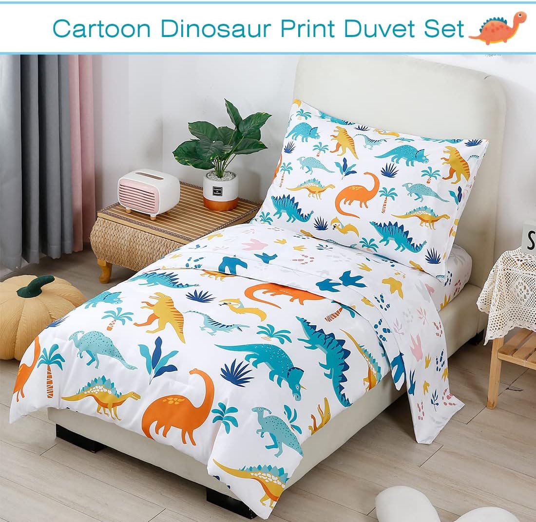 PERFEMET 4 Pieces Toddler Bedding Set Cartoon Dinosaur Print Comforter Sheet Set for Boys Microfiber Soft Toddler Comforter Set Includes Comforter, Flat Sheet, Fitted Sheet and Pillowcase, Colorful