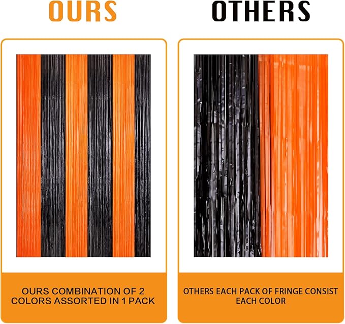 4 Pack Black and Orange Tinsel Foil Fringe Curtains, Halloween Party Photo Backdrop Streamers Backdrop for Birthday Anniversary Party Halloween Party Decoration