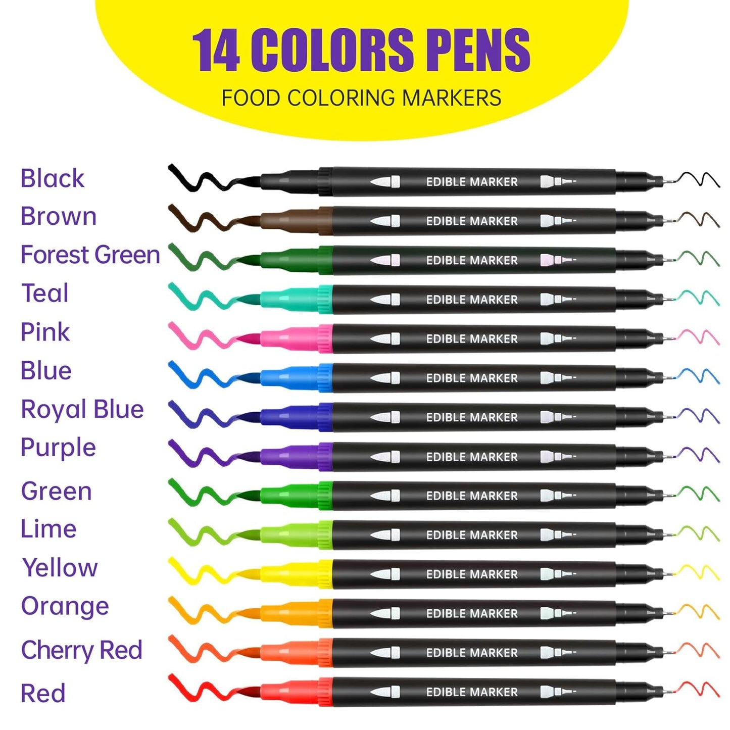 Edible Markers, 14 pcs Colorful Food Coloring Pens for Decorating Cookies, Fondant, Gum paste, Icing, Macarons, DIY Easter Eggs, Marshmallows, Fruits.